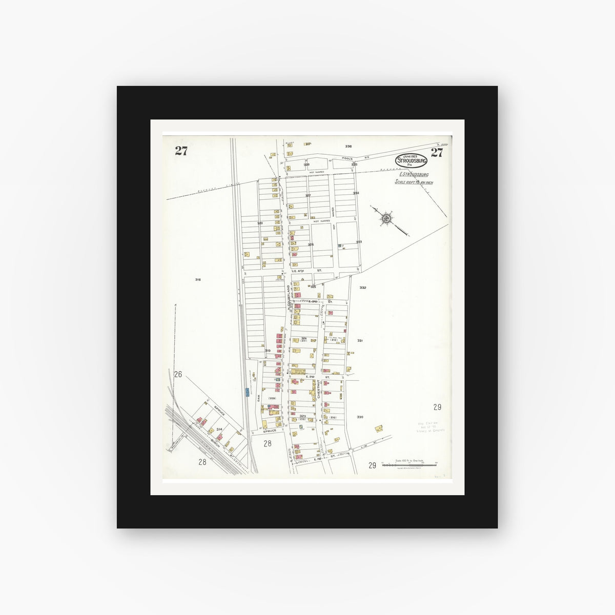 Old map wall art mockup — black gallery frame with white mat — Sanborn Fire Insurance Map from Stroudsburg, Monroe County, Pennsylvania (1923), Sheet #0027