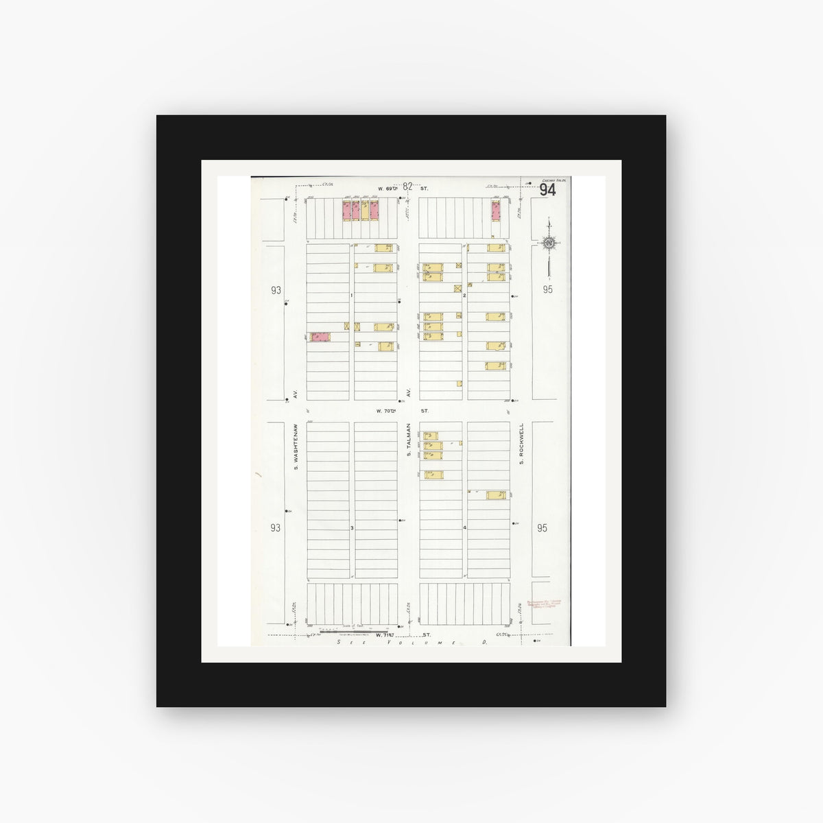 Old map wall art mockup — black gallery frame with white mat — Sanborn Fire Insurance Map from Chicago, Cook County, Illinois (1920), Sheet #0094