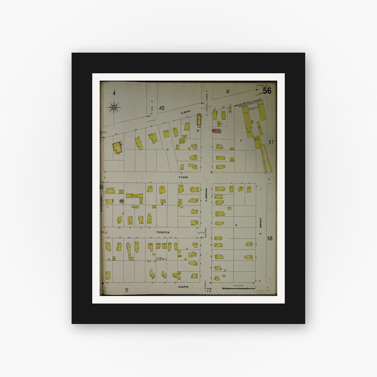 Old map wall art mockup — black gallery frame with white mat — Sanborn Fire Insurance Map from Jackson, Jackson County, Michigan (1907), Sheet #0056
