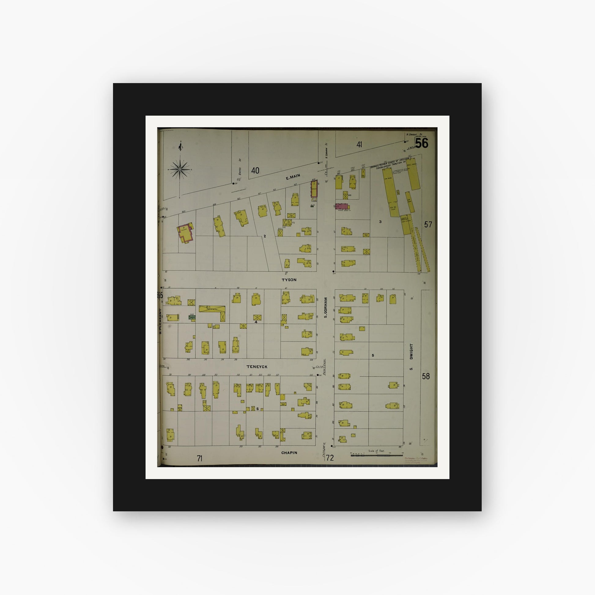Old map wall art mockup — black gallery frame with white mat — Sanborn Fire Insurance Map from Jackson, Jackson County, Michigan (1907), Sheet #0056