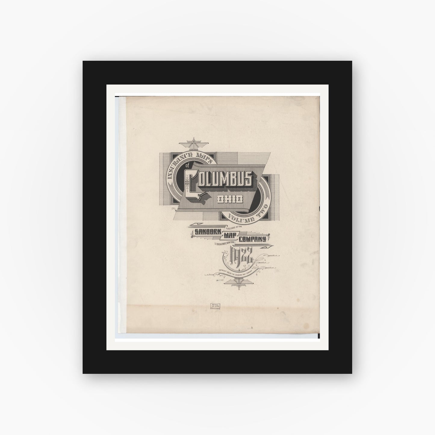 Old map wall art mockup — black gallery frame with white mat — Sanborn Fire Insurance Map from Columbus, Franklin County, Ohio (1922), Sheet #0001