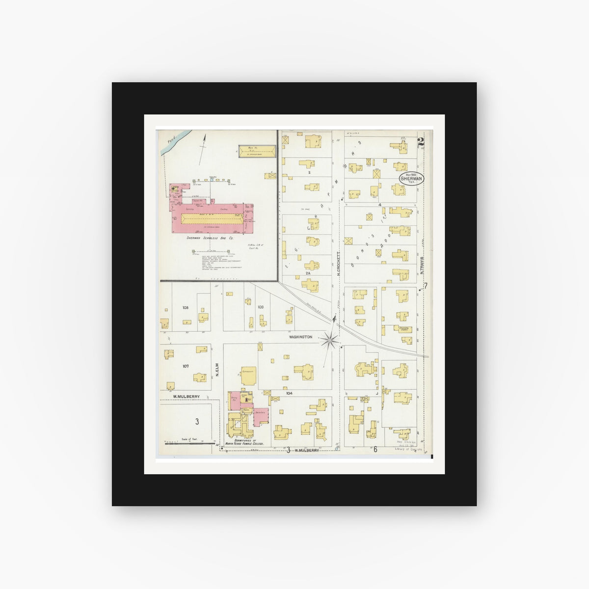 Old map wall art mockup — black gallery frame with white mat — Sanborn Fire Insurance Map from Sherman, Grayson County, Texas (1902), Sheet #0002