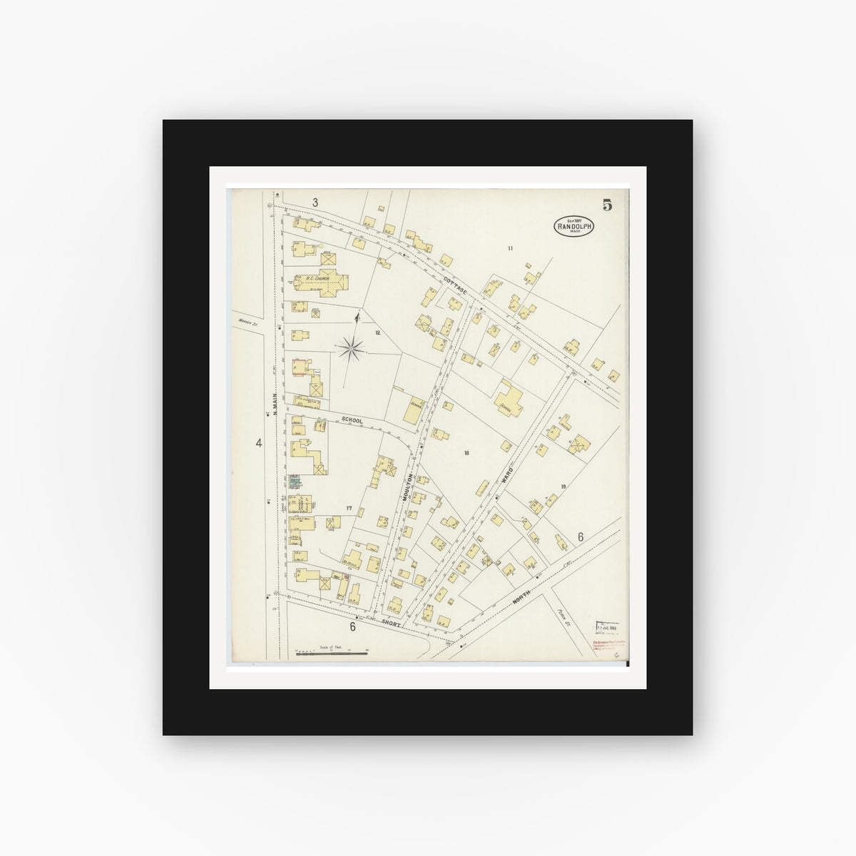 Old map wall art mockup — black gallery frame with white mat — Sanborn Fire Insurance Map from Randolph, Norfolk County, Massachusetts (1897), Sheet #0005
