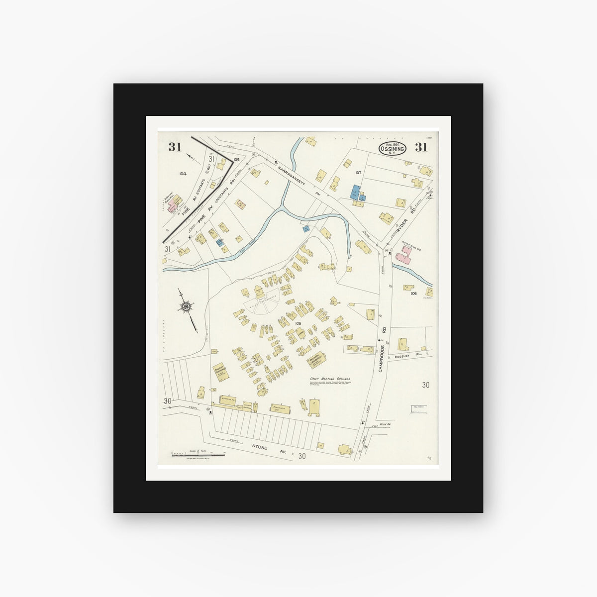 Old map wall art mockup — black gallery frame with white mat — Sanborn Fire Insurance Map from Ossining, Westchester County, New York (1924), Sheet #0031