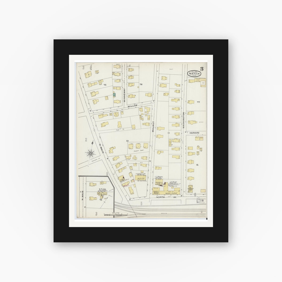 Old map wall art mockup — black gallery frame with white mat — Sanborn Fire Insurance Map from Natick, Middlesex County, Massachusetts (1894), Sheet #0003