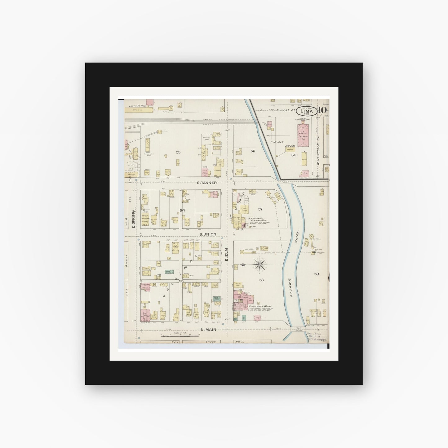 Old map wall art mockup — black gallery frame with white mat — Sanborn Fire Insurance Map from Lima, Allen County, Ohio (1887), Sheet #0010