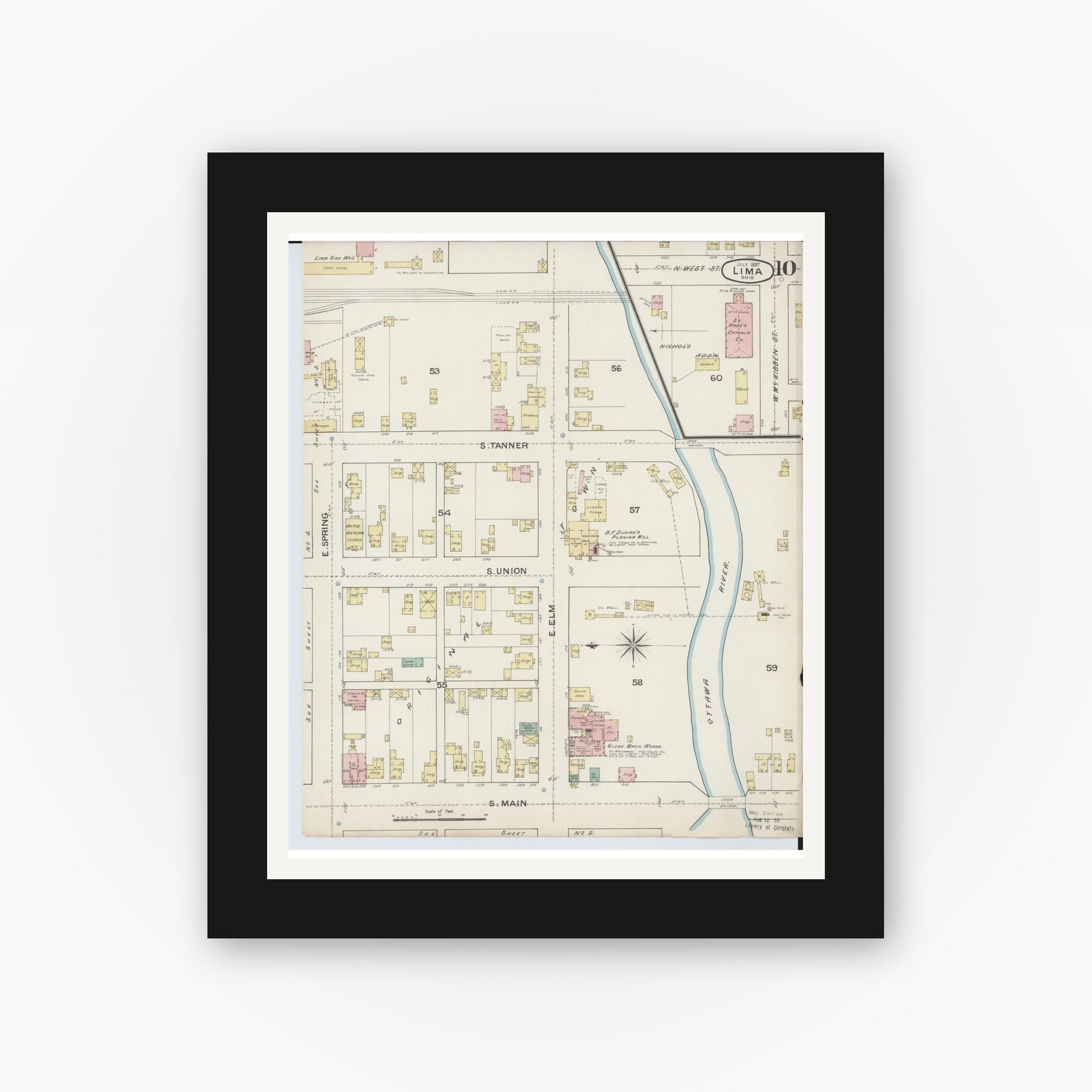 Old map wall art mockup — black gallery frame with white mat — Sanborn Fire Insurance Map from Lima, Allen County, Ohio (1887), Sheet #0010