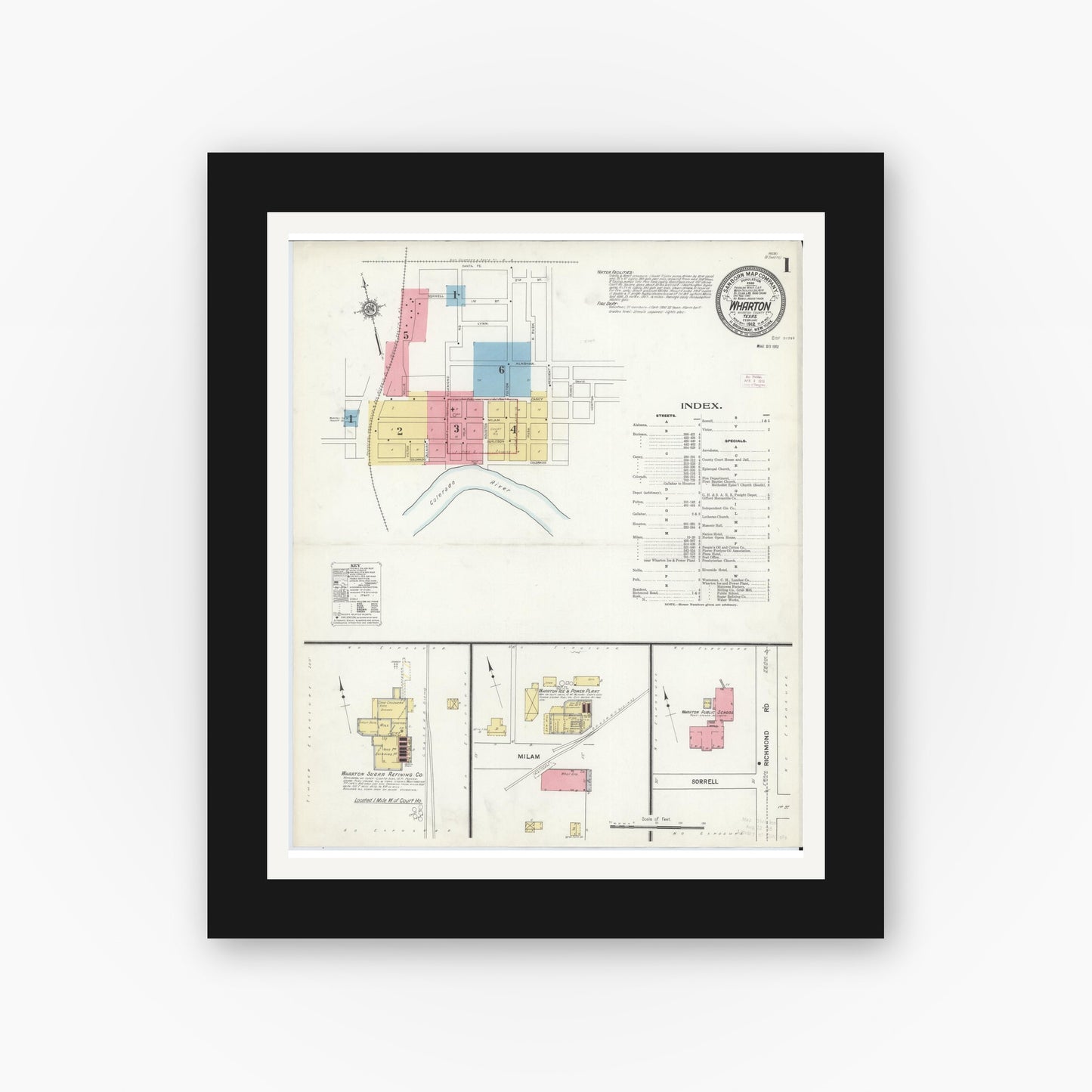 Old map wall art mockup — black gallery frame with white mat — Sanborn Fire Insurance Map from Wharton, Wharton County, Texas (1912) - Complete Map Set
