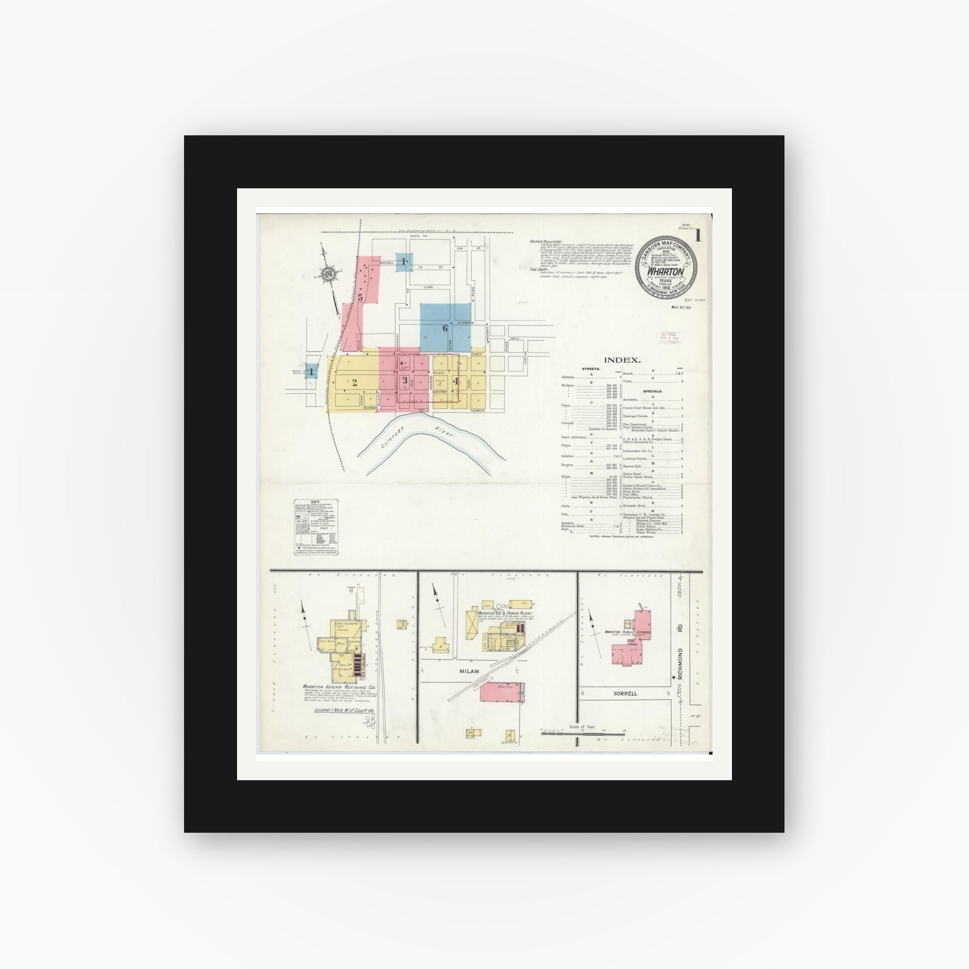 Old map wall art mockup — black gallery frame with white mat — Sanborn Fire Insurance Map from Wharton, Wharton County, Texas (1912) - Complete Map Set