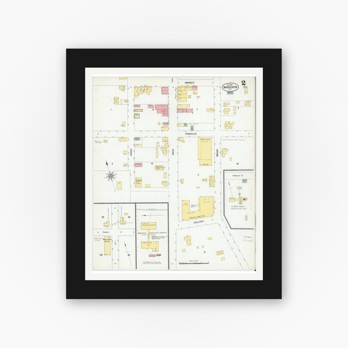 Old map wall art mockup — black gallery frame with white mat — Sanborn Fire Insurance Map from Warrenton, Warren County, North Carolina (1901), Sheet #0002