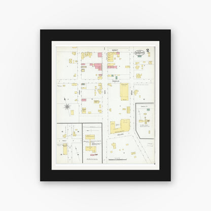 Old map wall art mockup — black gallery frame with white mat — Sanborn Fire Insurance Map from Warrenton, Warren County, North Carolina (1901), Sheet #0002
