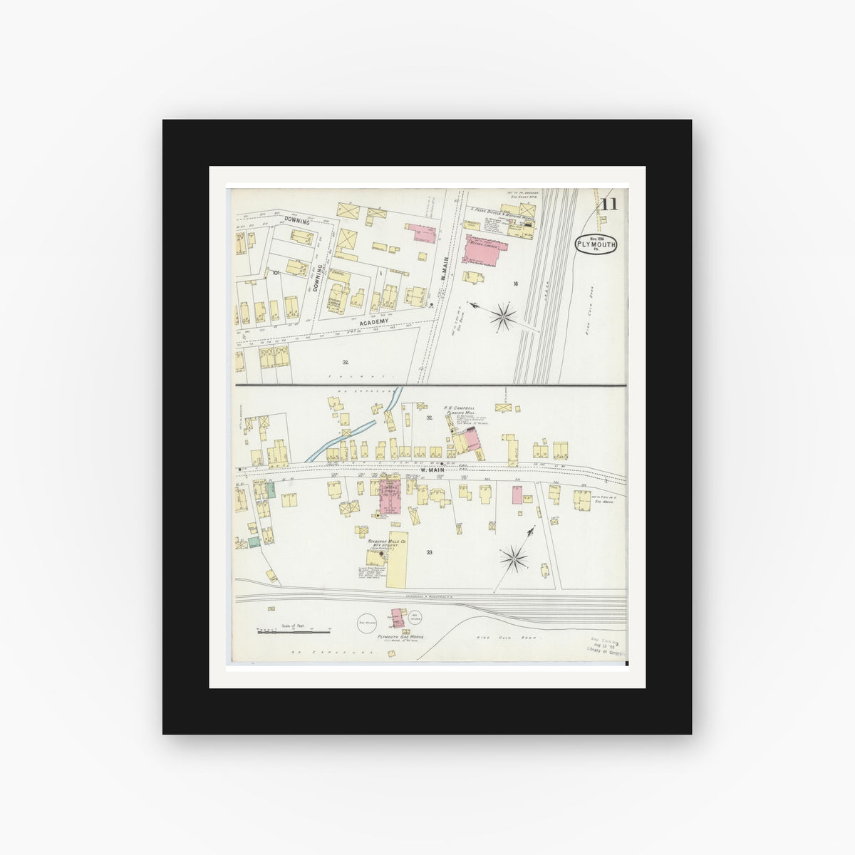 Old map wall art mockup — black gallery frame with white mat — Sanborn Fire Insurance Map from Plymouth, Luzerne County, Pennsylvania (1896), Sheet #0011