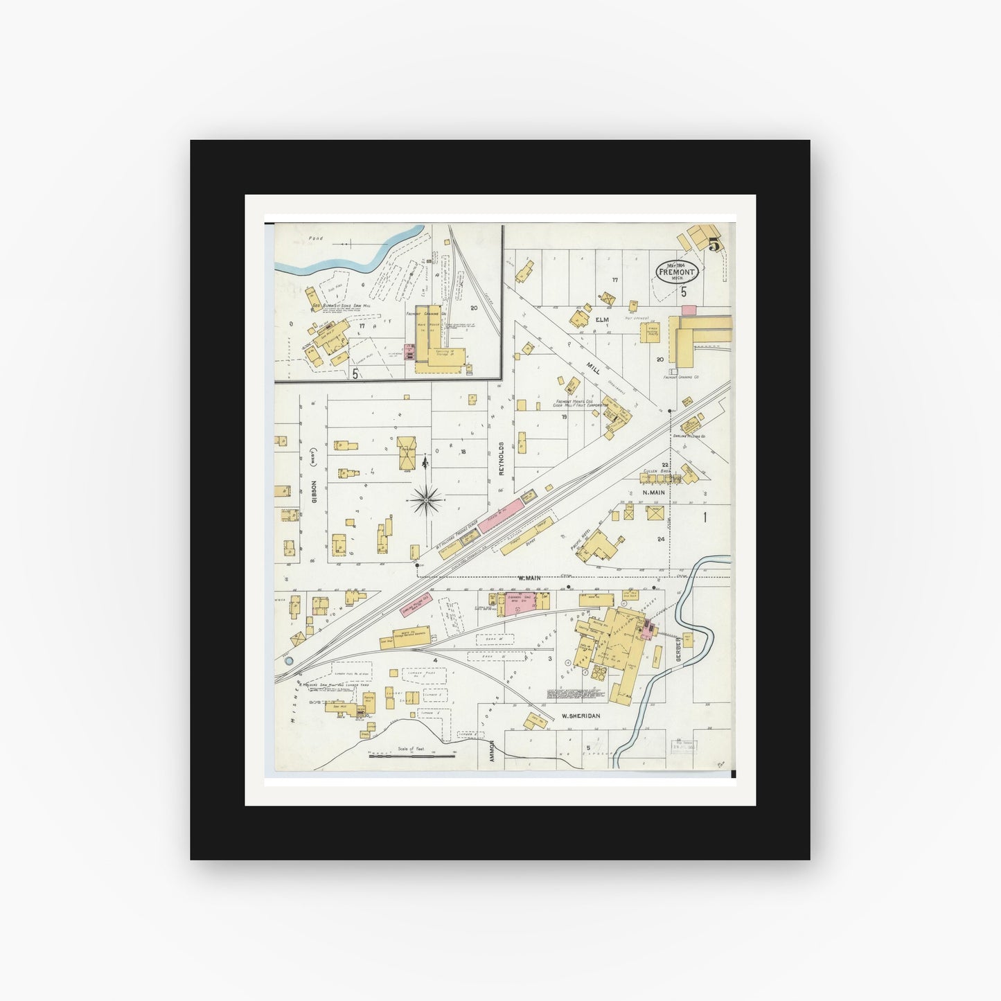 Old map wall art mockup — black gallery frame with white mat — Sanborn Fire Insurance Map from Fremont, Newaygo County, Michigan (1904), Sheet #0005