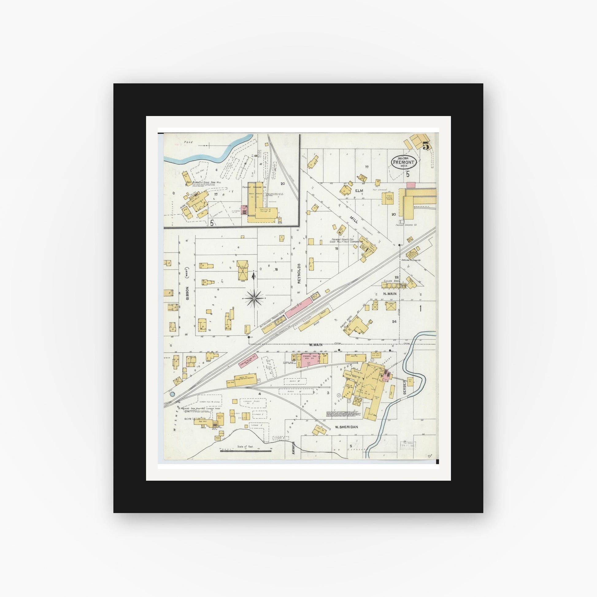 Old map wall art mockup — black gallery frame with white mat — Sanborn Fire Insurance Map from Fremont, Newaygo County, Michigan (1904), Sheet #0005