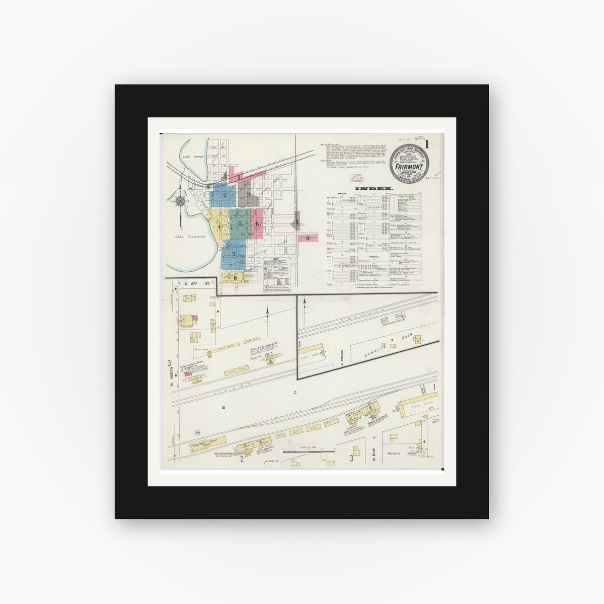 Old map wall art mockup — black gallery frame with white mat — Sanborn Fire Insurance Map from Fairmont, Martin County, Minnesota (1911), Sheet #0001