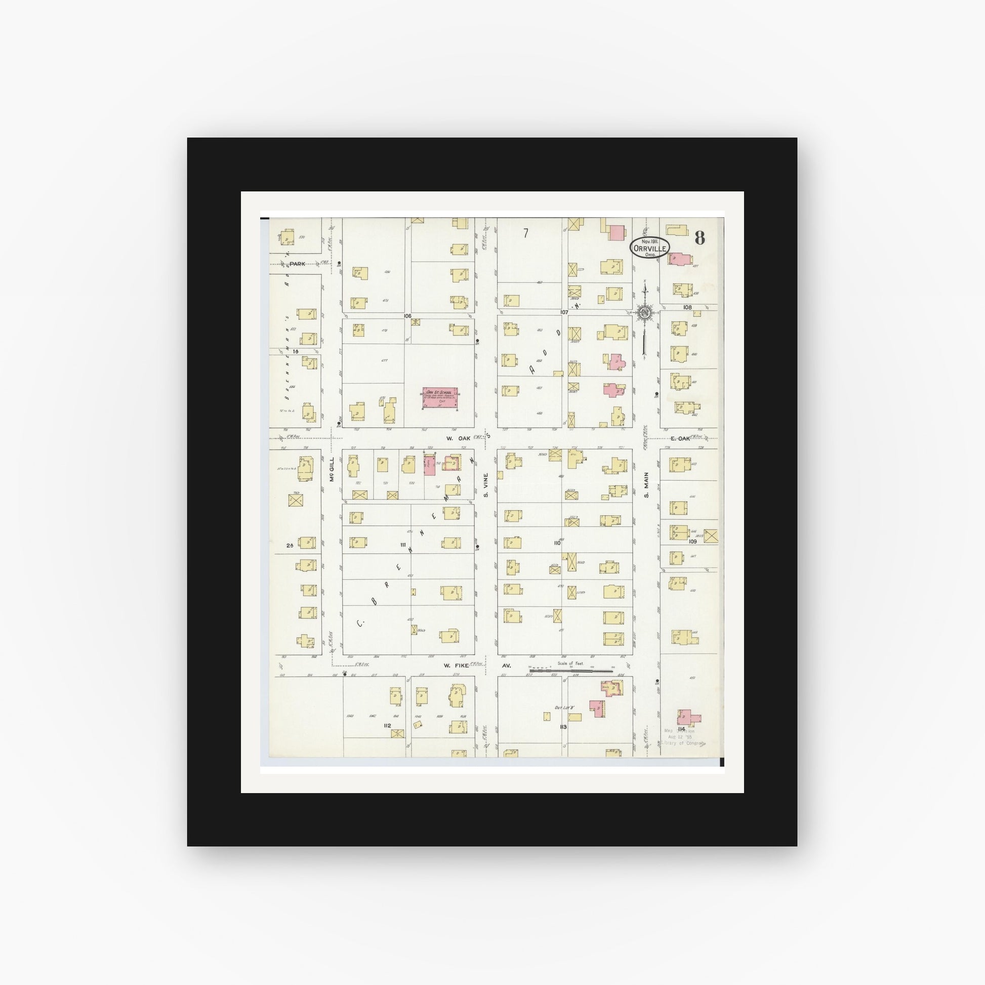 Old map wall art mockup — black gallery frame with white mat — Sanborn Fire Insurance Map from Orrville, Wayne County, Ohio (1911), Sheet #0008