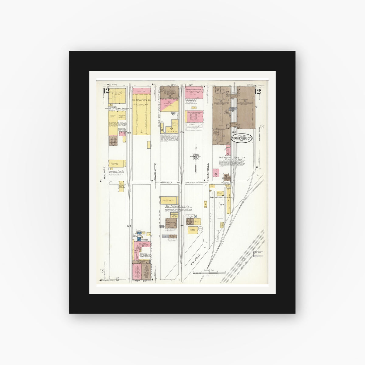 Old map wall art mockup — black gallery frame with white mat — Sanborn Fire Insurance Map from North Kansas City, Clay County, Missouri (1926), Sheet #0012