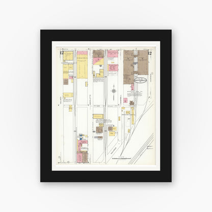 Old map wall art mockup — black gallery frame with white mat — Sanborn Fire Insurance Map from North Kansas City, Clay County, Missouri (1926), Sheet #0012