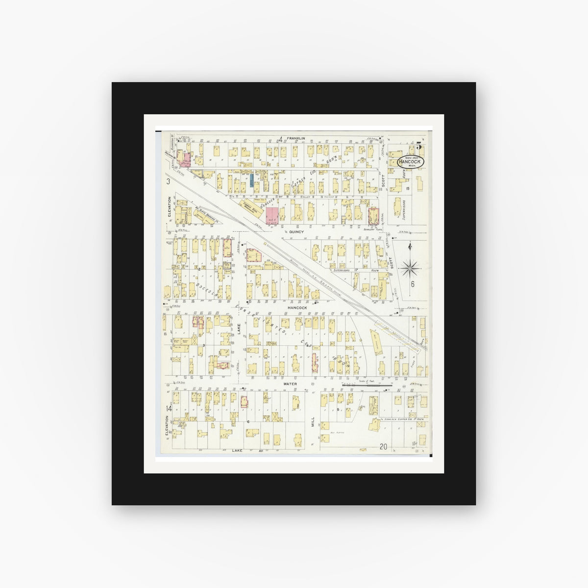 Old map wall art mockup — black gallery frame with white mat — Sanborn Fire Insurance Map from Hancock, Houghton County, Michigan (1907), Sheet #0005