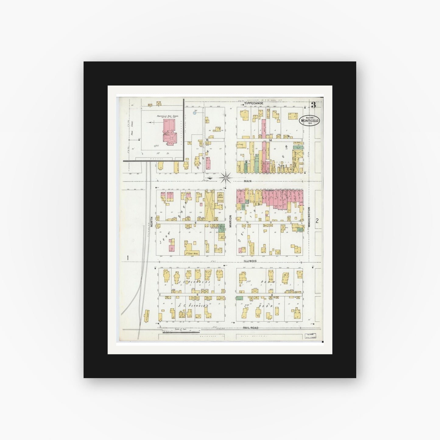 Old map wall art mockup — black gallery frame with white mat — Sanborn Fire Insurance Map from Monticello, White County, Indiana (1899), Sheet #0003