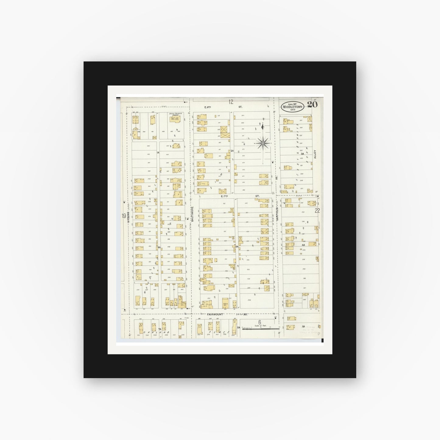 Old map wall art mockup — black gallery frame with white mat — Sanborn Fire Insurance Map from Middletown, Butler County, Ohio (1907), Sheet #0020