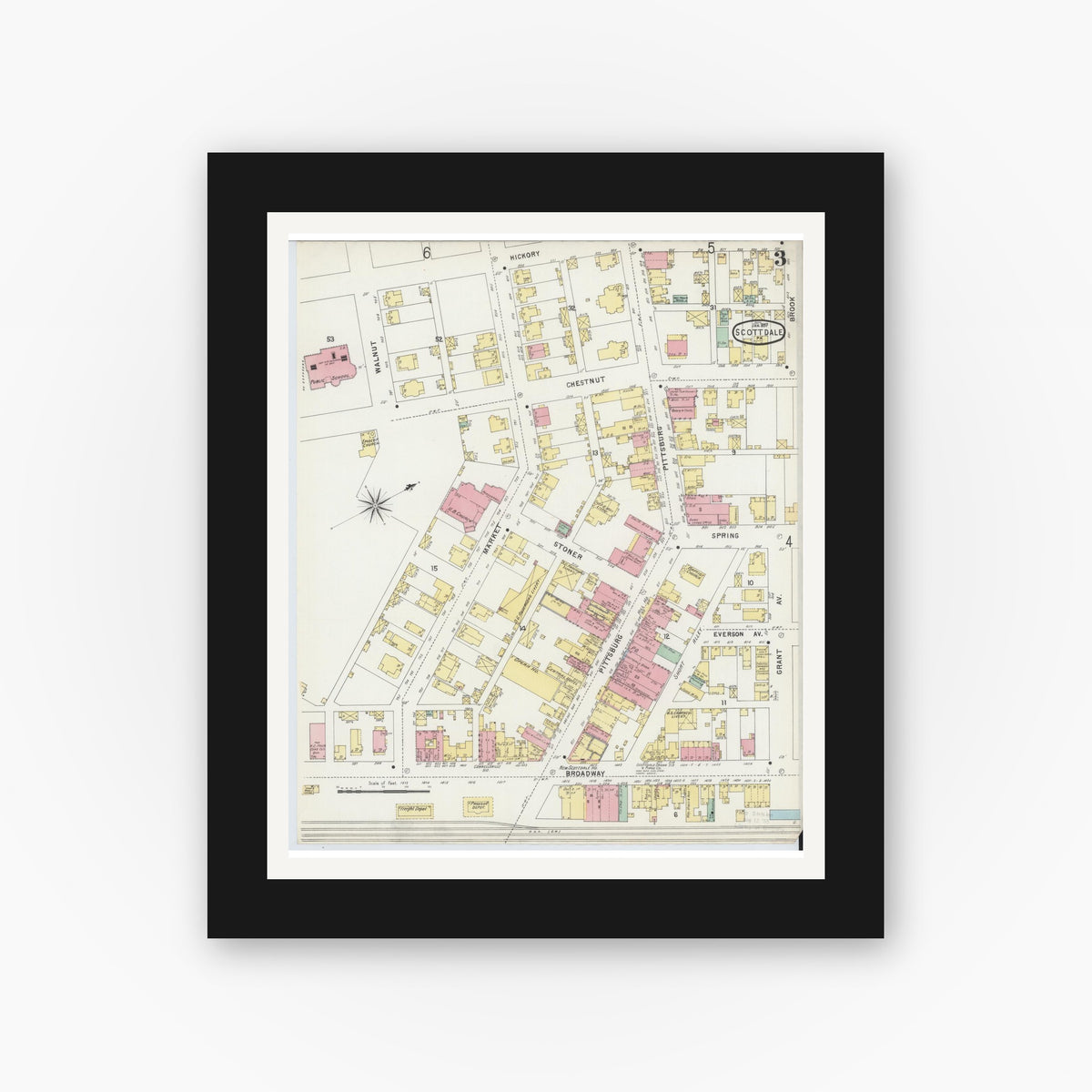 Old map wall art mockup — black gallery frame with white mat — Sanborn Fire Insurance Map from Scottdale, Westmoreland County, Pennsylvania (1897), Sheet #0003