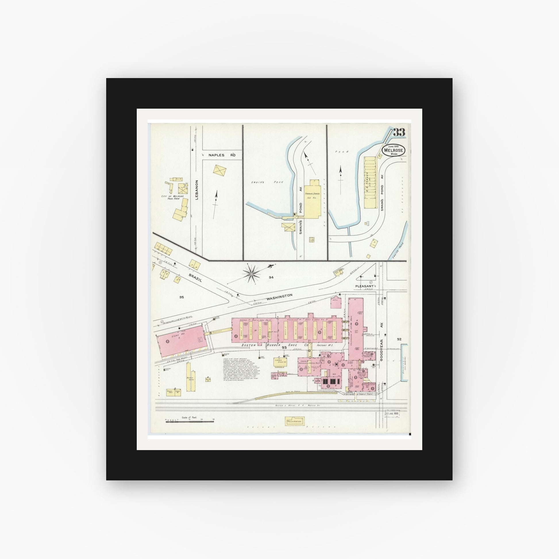 Old map wall art mockup — black gallery frame with white mat — Sanborn Fire Insurance Map from Melrose, Middlesex County, Massachusetts (1909), Sheet #0033