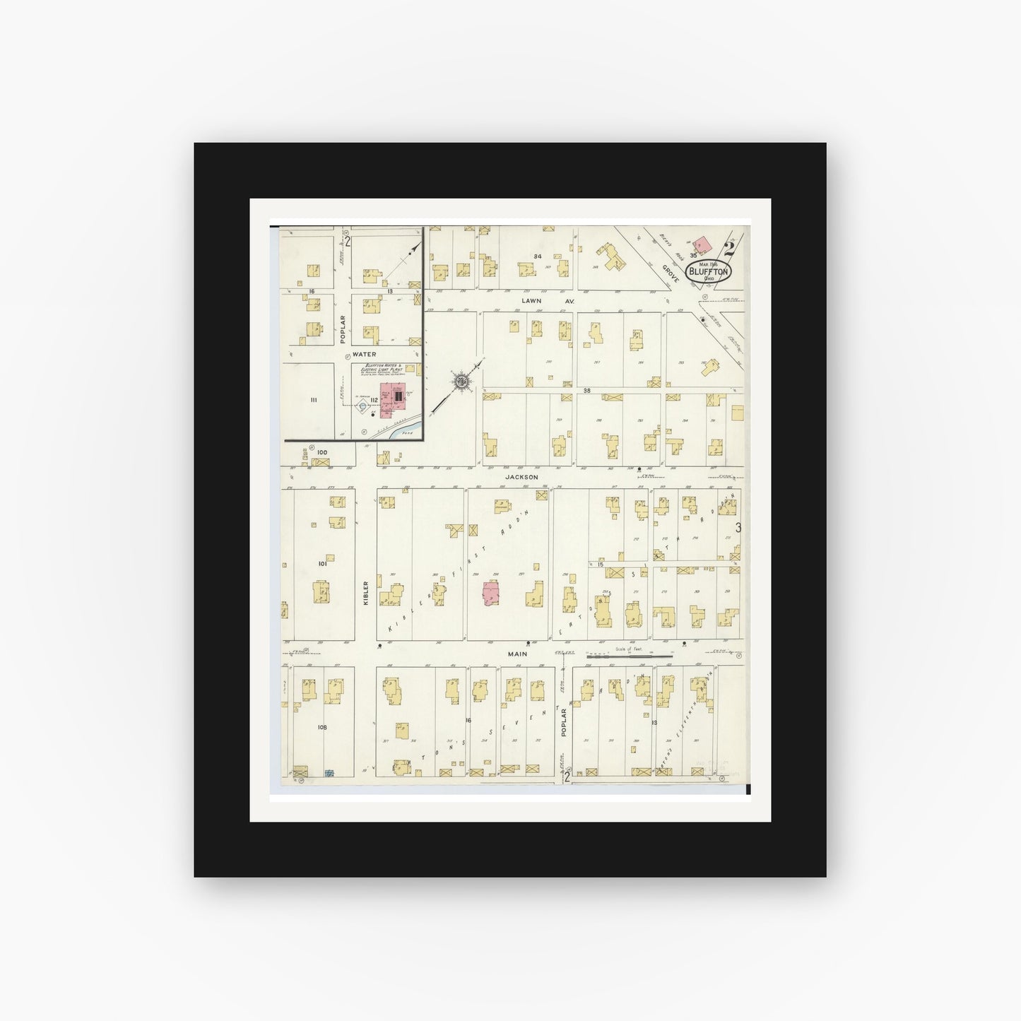 Old map wall art mockup — black gallery frame with white mat — Sanborn Fire Insurance Map from Bluffton, Allen County, Ohio (1916), Sheet #0002