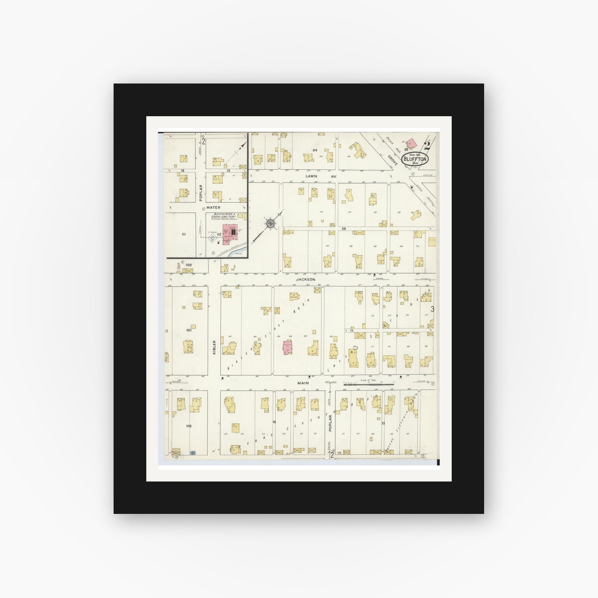 Old map wall art mockup — black gallery frame with white mat — Sanborn Fire Insurance Map from Bluffton, Allen County, Ohio (1916), Sheet #0002