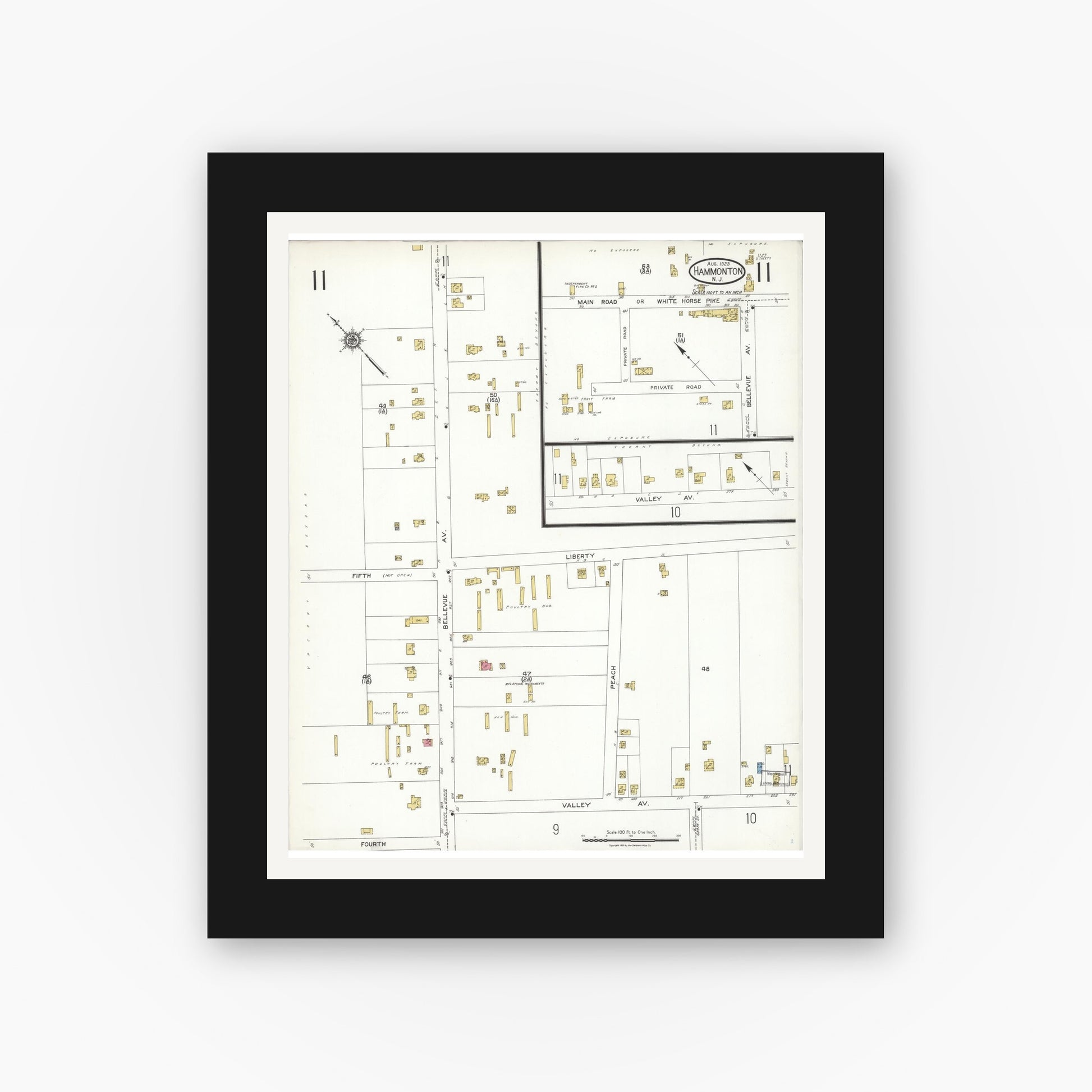 Old map wall art mockup — black gallery frame with white mat — Sanborn Fire Insurance Map from Hammonton, Atlantic County, New Jersey (1923), Sheet #0011