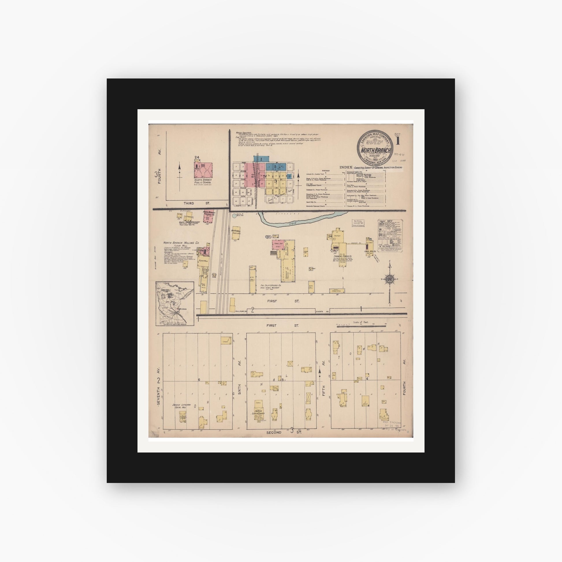Old map wall art mockup — black gallery frame with white mat — Sanborn Fire Insurance Map from North Branch, Chisago County, Minnesota (1922), Sheet #0001