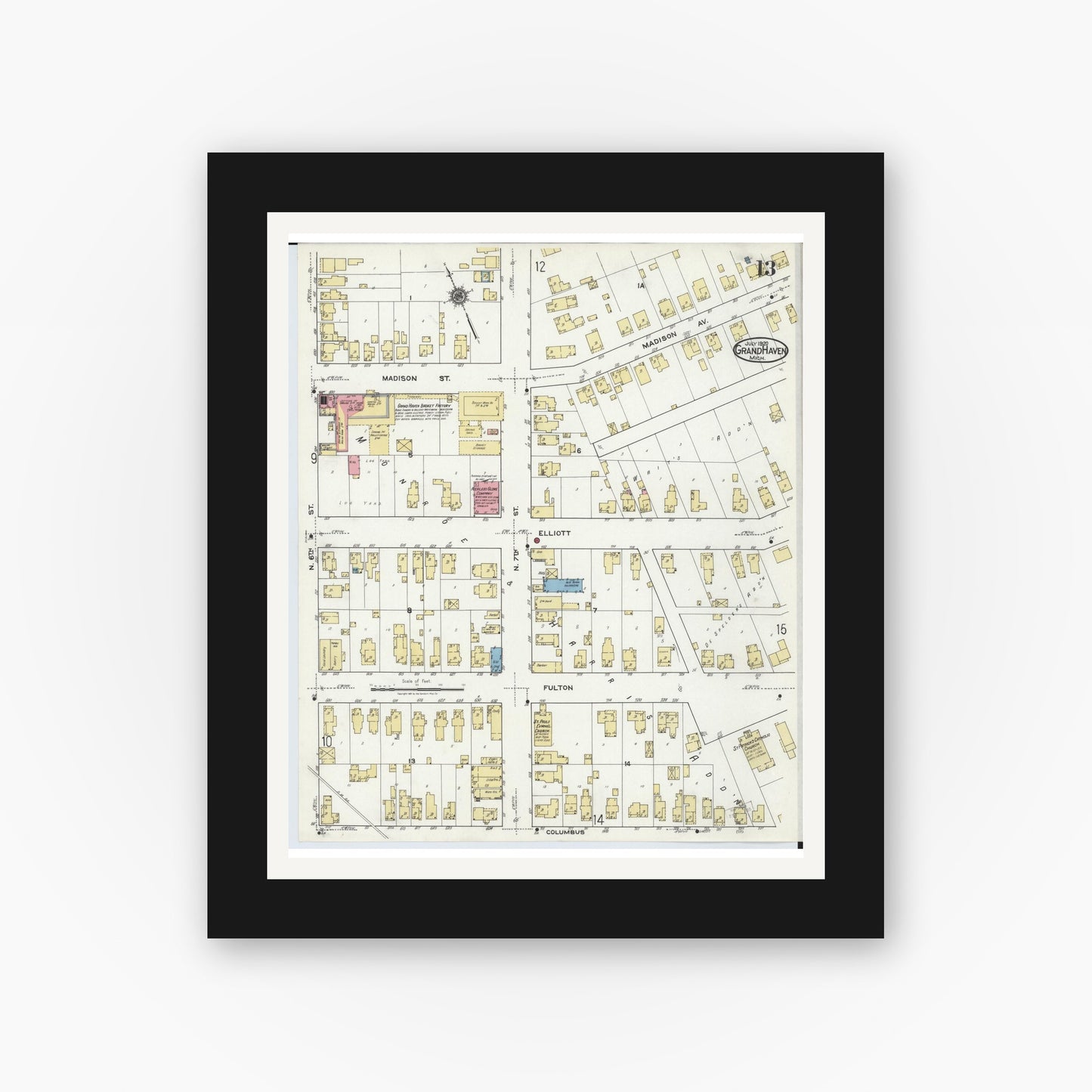 Old map wall art mockup — black gallery frame with white mat — Sanborn Fire Insurance Map from Grand Haven, Ottawa County, Michigan (1920), Sheet #0013