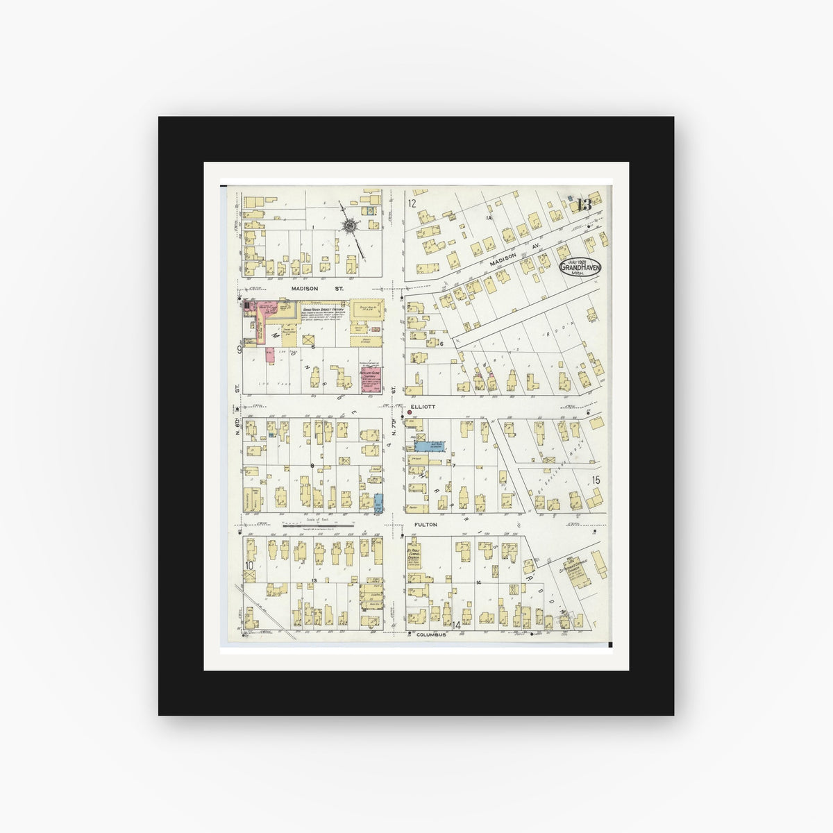 Old map wall art mockup — black gallery frame with white mat — Sanborn Fire Insurance Map from Grand Haven, Ottawa County, Michigan (1920), Sheet #0013