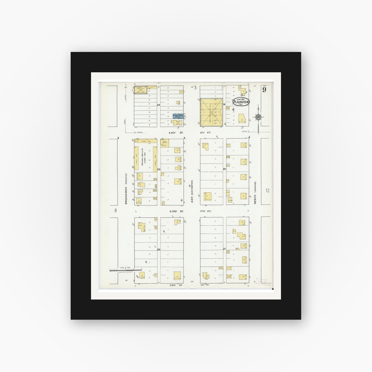 Old map wall art mockup — black gallery frame with white mat — Sanborn Fire Insurance Map from Plainview, Hale County, Texas (1921), Sheet #0009