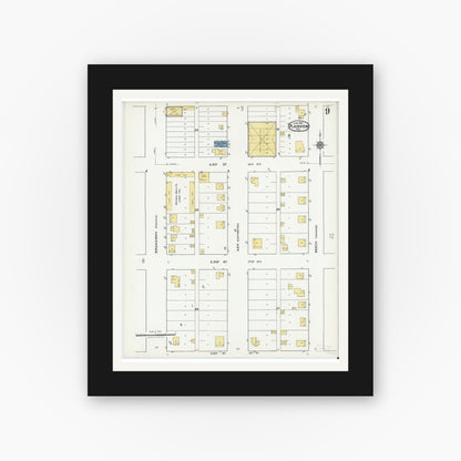 Old map wall art mockup — black gallery frame with white mat — Sanborn Fire Insurance Map from Plainview, Hale County, Texas (1921), Sheet #0009