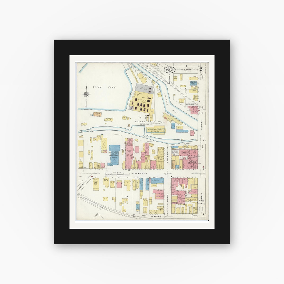 Old map wall art mockup — black gallery frame with white mat — Sanborn Fire Insurance Map from Dover, Morris County, New Jersey (1916) - Complete Map Set