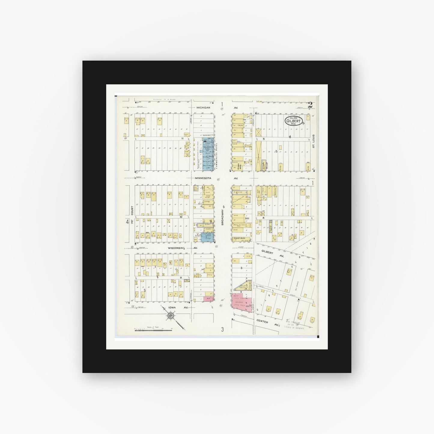 Old map wall art mockup — black gallery frame with white mat — Sanborn Fire Insurance Map from Gilbert, Saint Louis County, Minnesota (1912), Sheet #0002