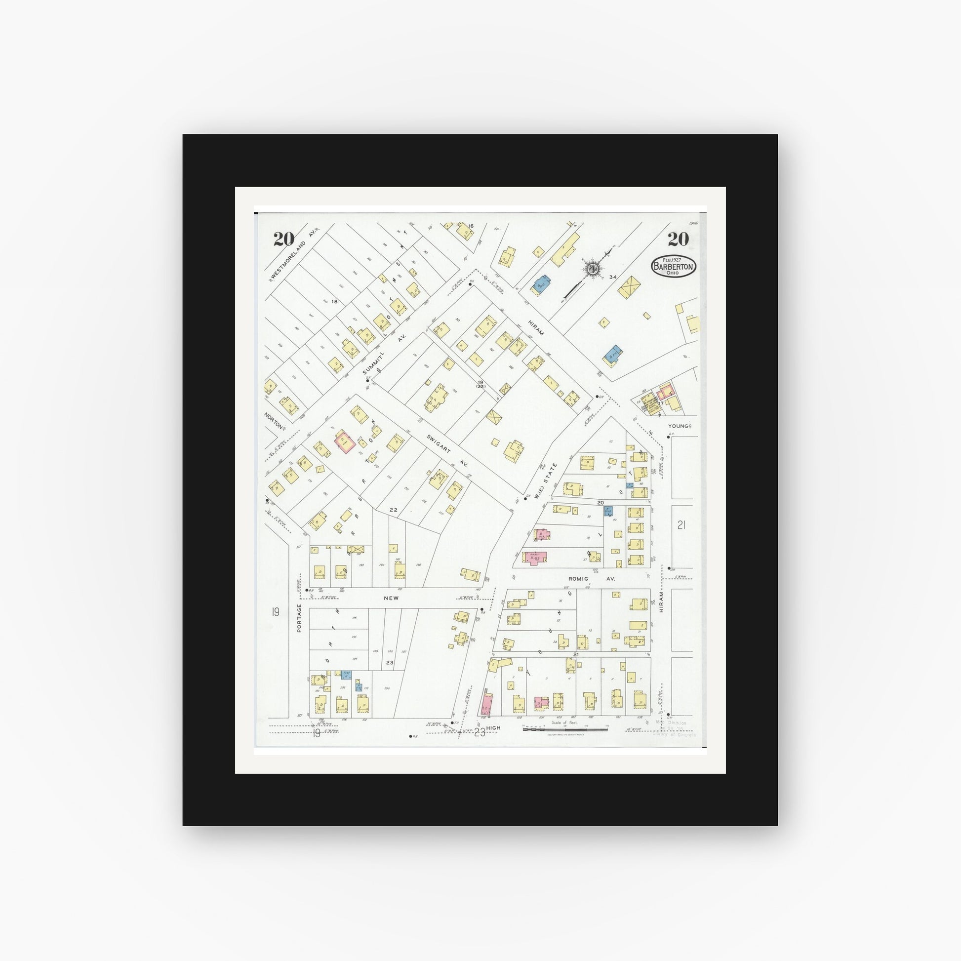 Old map wall art mockup — black gallery frame with white mat — Sanborn Fire Insurance Map from Barberton, Summit County, Ohio (1927), Sheet #0020