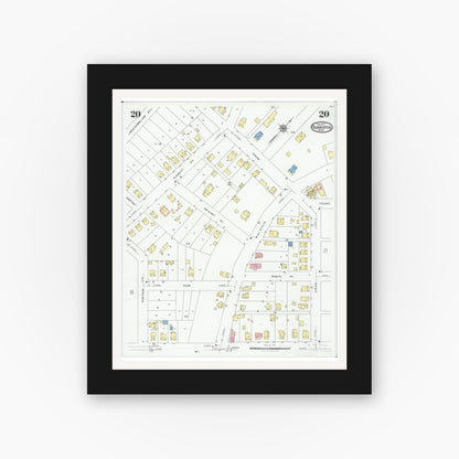 Old map wall art mockup — black gallery frame with white mat — Sanborn Fire Insurance Map from Barberton, Summit County, Ohio (1927), Sheet #0020