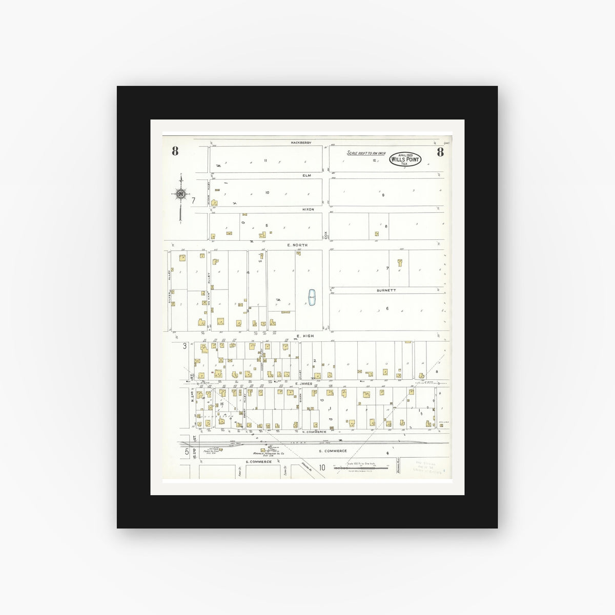 Old map wall art mockup — black gallery frame with white mat — Sanborn Fire Insurance Map from Wills Point, Van Zandt County, Texas (1923), Sheet #0008