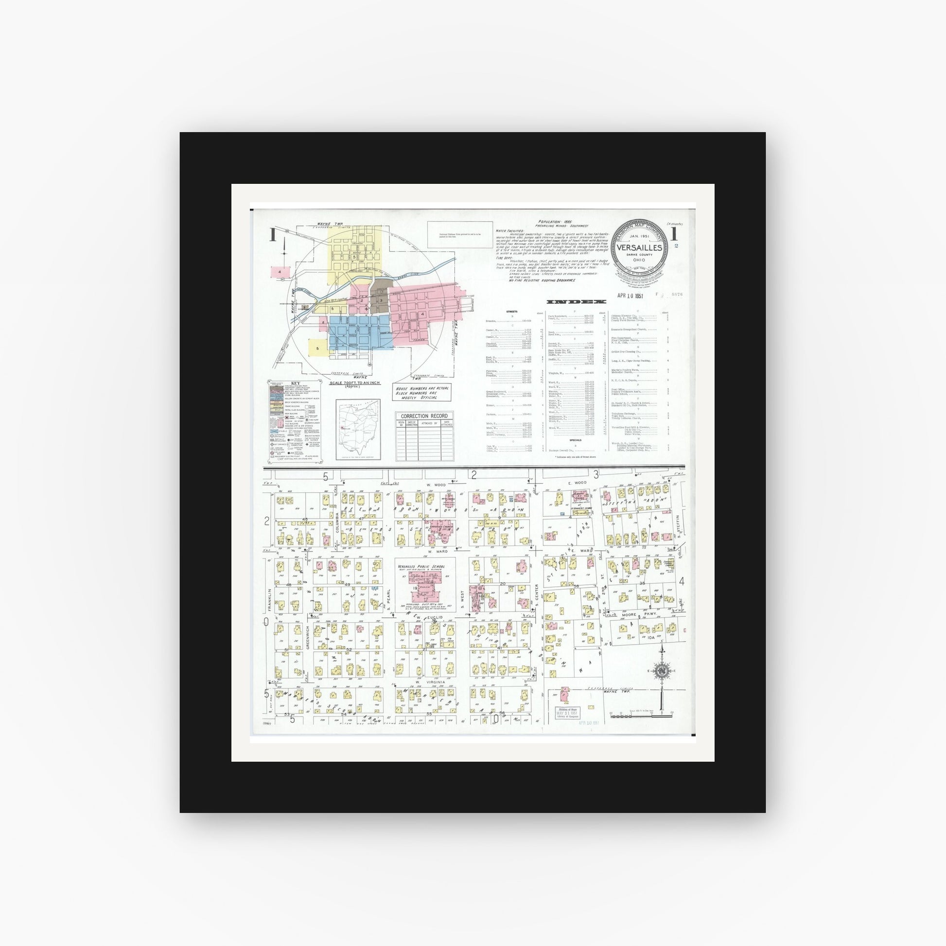 Old map wall art mockup — black gallery frame with white mat — Sanborn Fire Insurance Map from Versailles, Darke County, Ohio (1951) - Complete Map Set