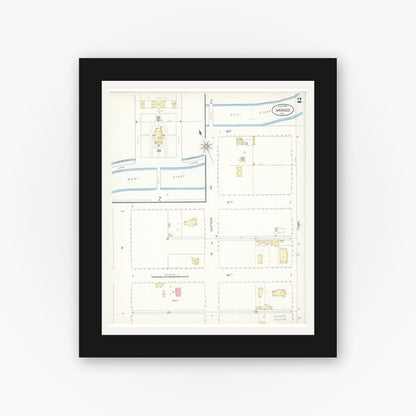 Old map wall art mockup — black gallery frame with white mat — Sanborn Fire Insurance Map from Merced, Merced County, California (1898), Sheet #0002
