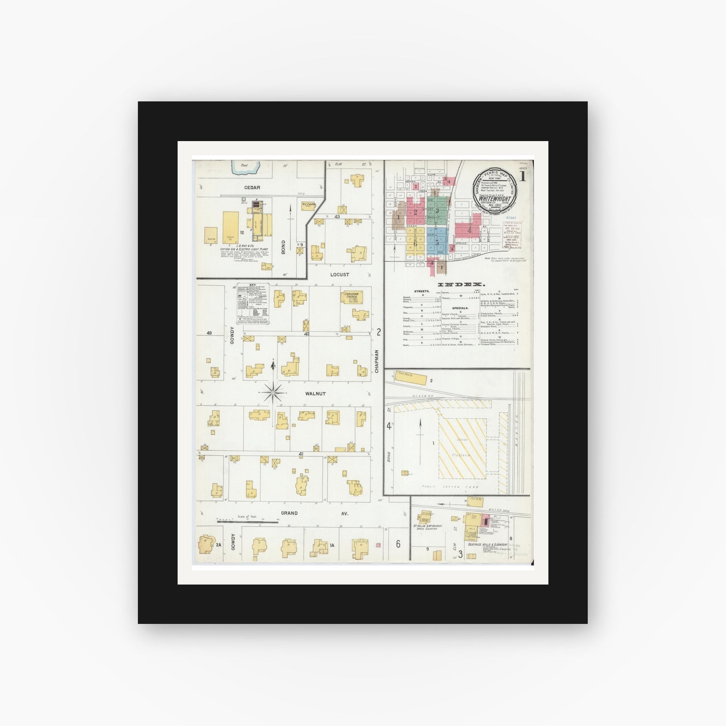 Old map wall art mockup — black gallery frame with white mat — Sanborn Fire Insurance Map from Whitewright, Grayson County, Texas (1900) - Complete Map Set