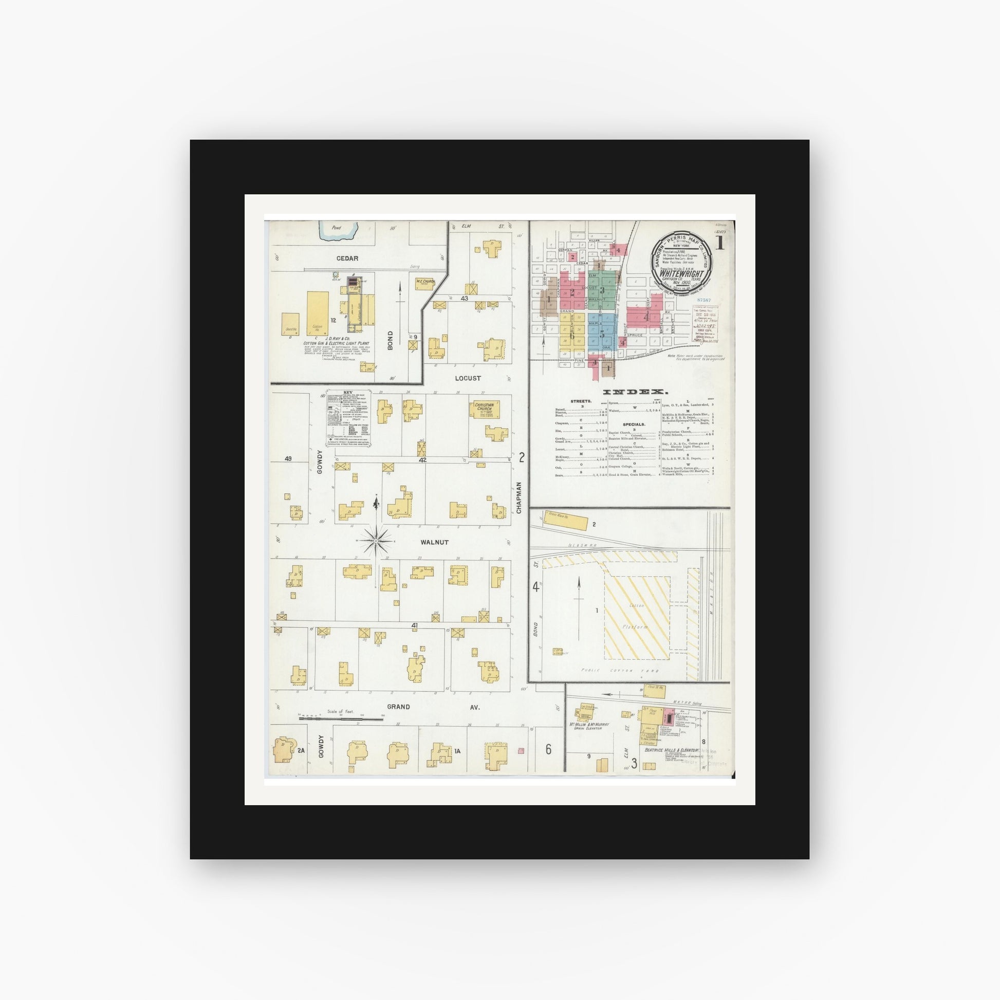Old map wall art mockup — black gallery frame with white mat — Sanborn Fire Insurance Map from Whitewright, Grayson County, Texas (1900) - Complete Map Set