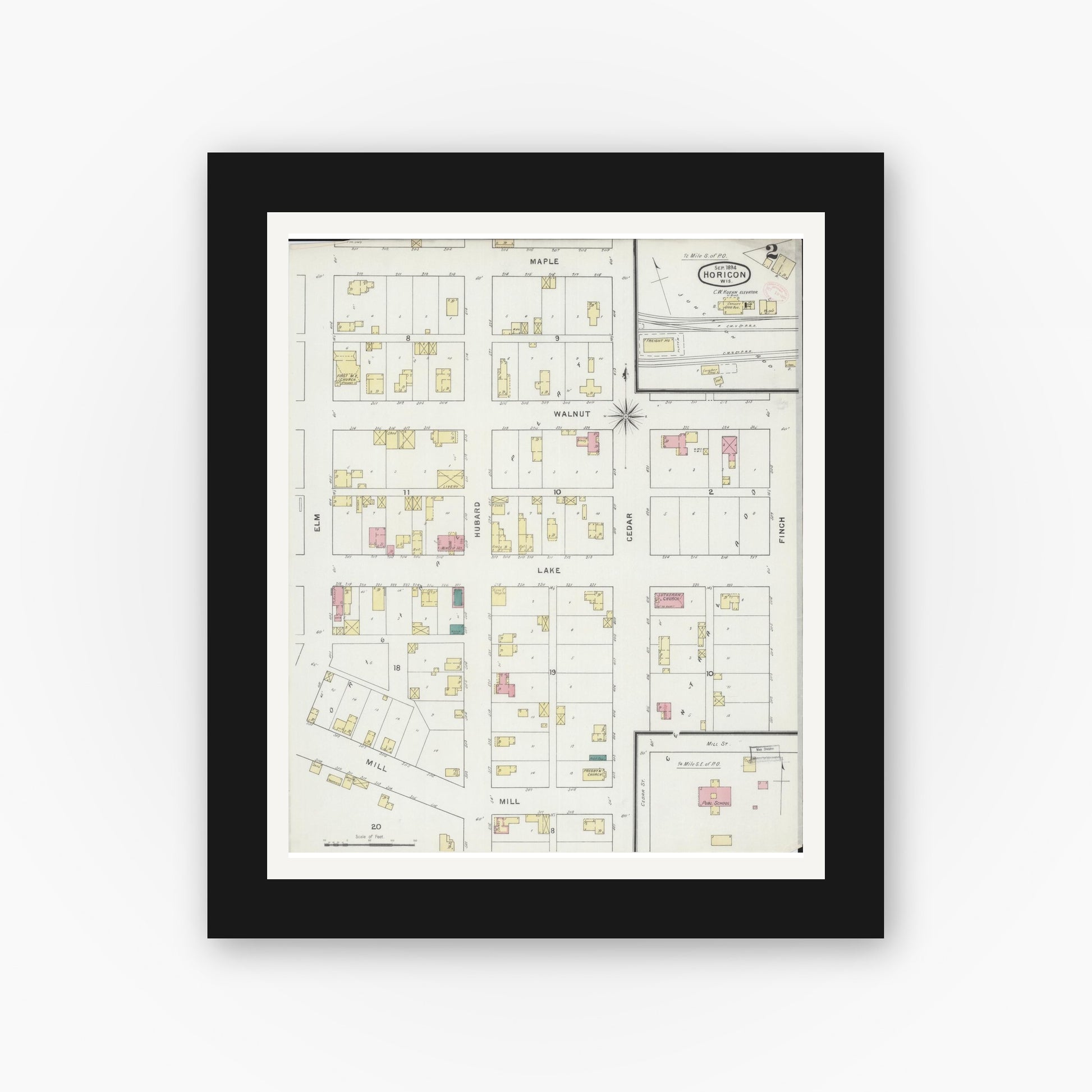 Old map wall art mockup — black gallery frame with white mat — Sanborn Fire Insurance Map from Horicon, Dodge County, Wisconsin (1894), Sheet #0002