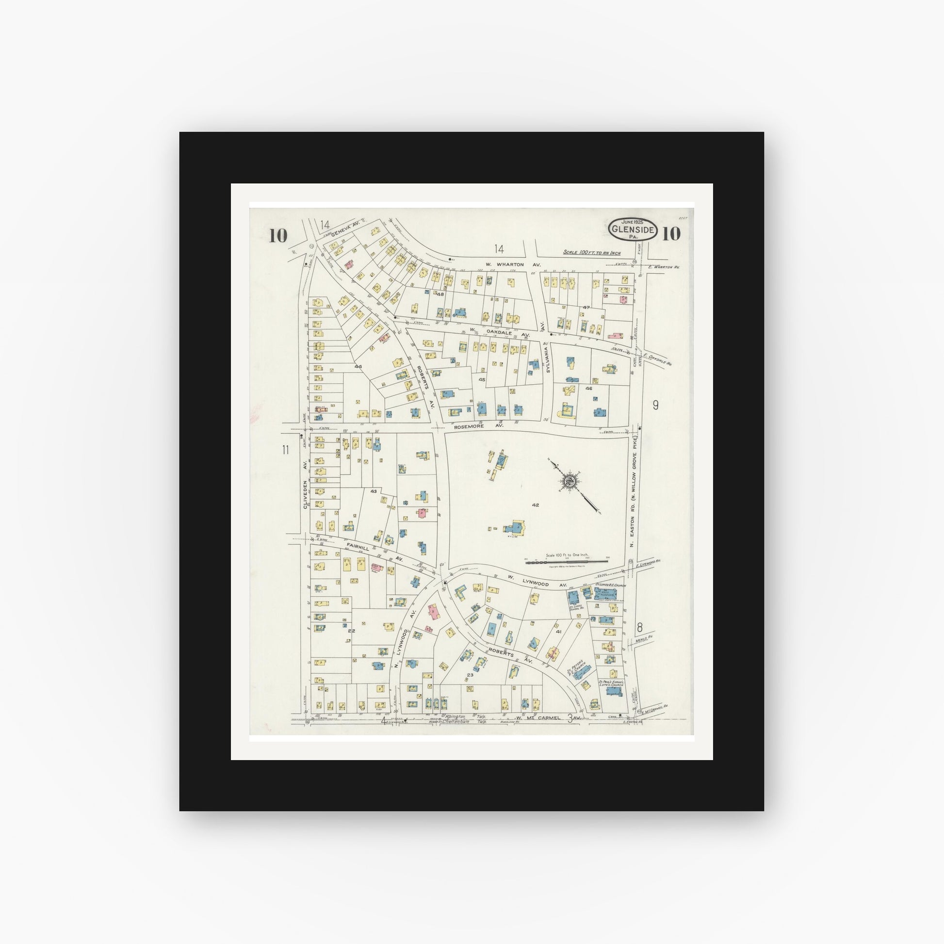 Old map wall art mockup — black gallery frame with white mat — Sanborn Fire Insurance Map from Glenside, Montgomery County, Pennsylvania (1925), Sheet #0010
