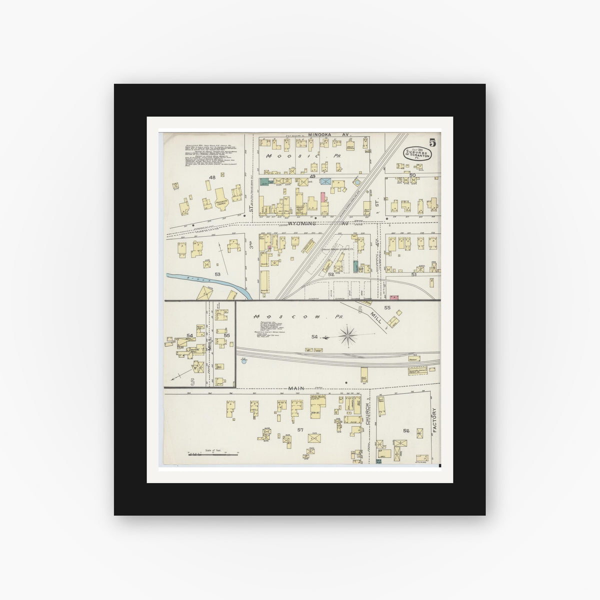 Old map wall art mockup — black gallery frame with white mat — Sanborn Fire Insurance Map from Scranton Suburbs, Lackawanna County, Pennsylvania (1893), Sheet #0005