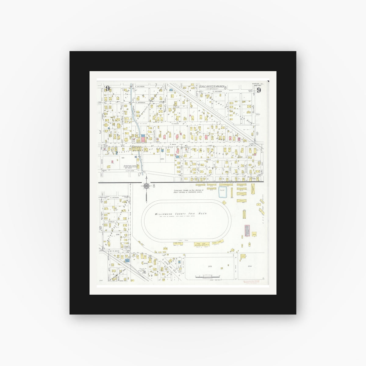 Old map wall art mockup — black gallery frame with white mat — Sanborn Fire Insurance Map from Marion, Williamson County, Illinois (1937), Sheet #0009