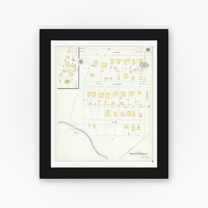 Old map wall art mockup — black gallery frame with white mat — Sanborn Fire Insurance Map from Sherman, Grayson County, Texas (1908), Sheet #0016