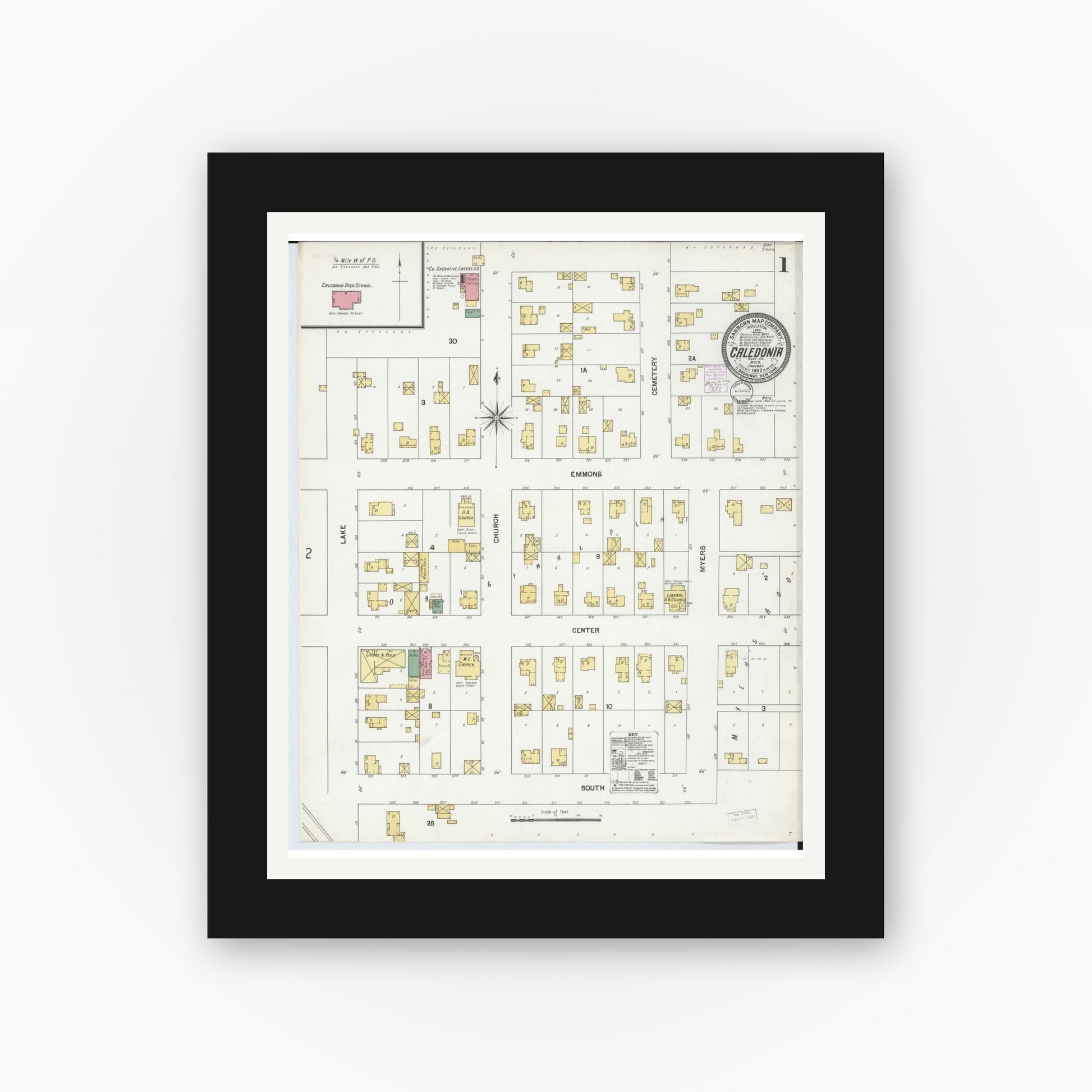 Old map wall art mockup — black gallery frame with white mat — Sanborn Fire Insurance Map from Caledonia, Kent County, Michigan (1902) - Complete Map Set